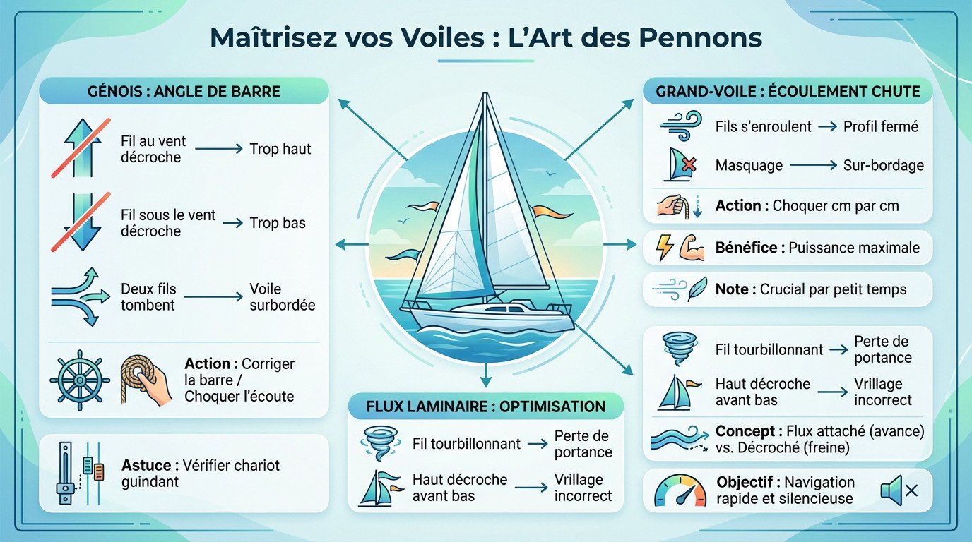Pennons sur une voile de voilier indiquant l'écoulement du vent