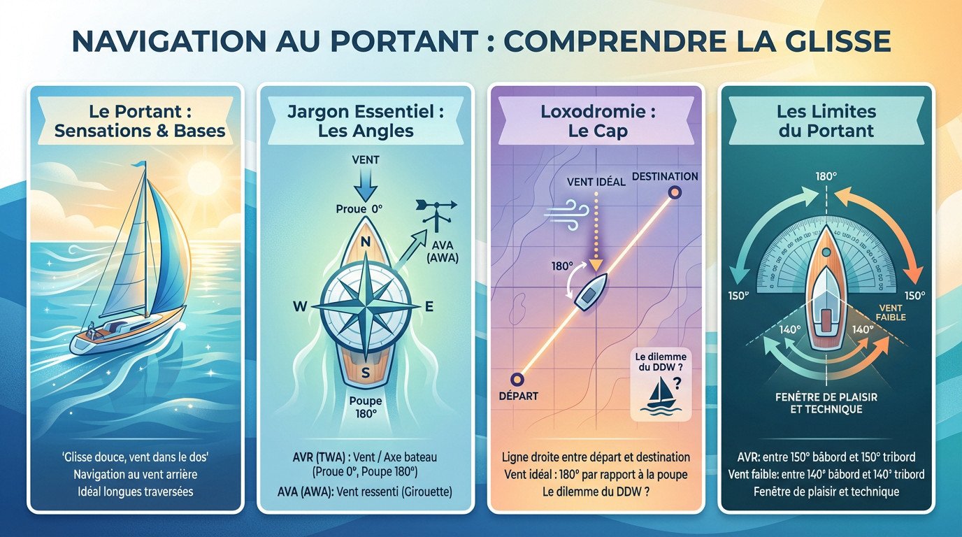 Voilier naviguant au portant avec voiles en ciseaux sur une mer calme