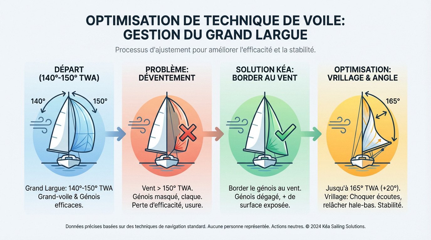 Schéma illustrant l'optimisation des voiles au grand largue pour éviter le déventement