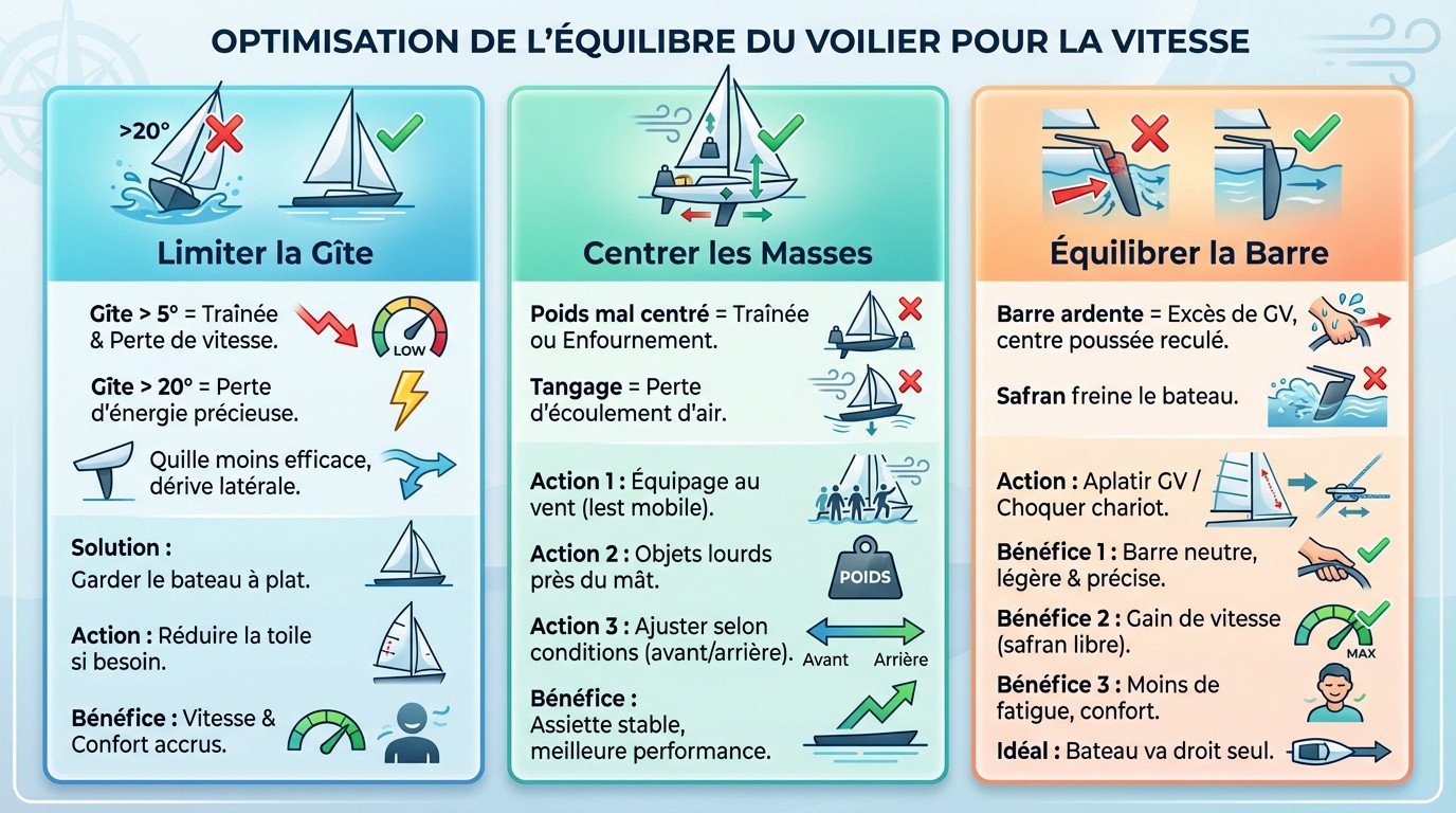 Voilier au près avec une gîte maîtrisée et un équipage au rappel pour optimiser la vitesse