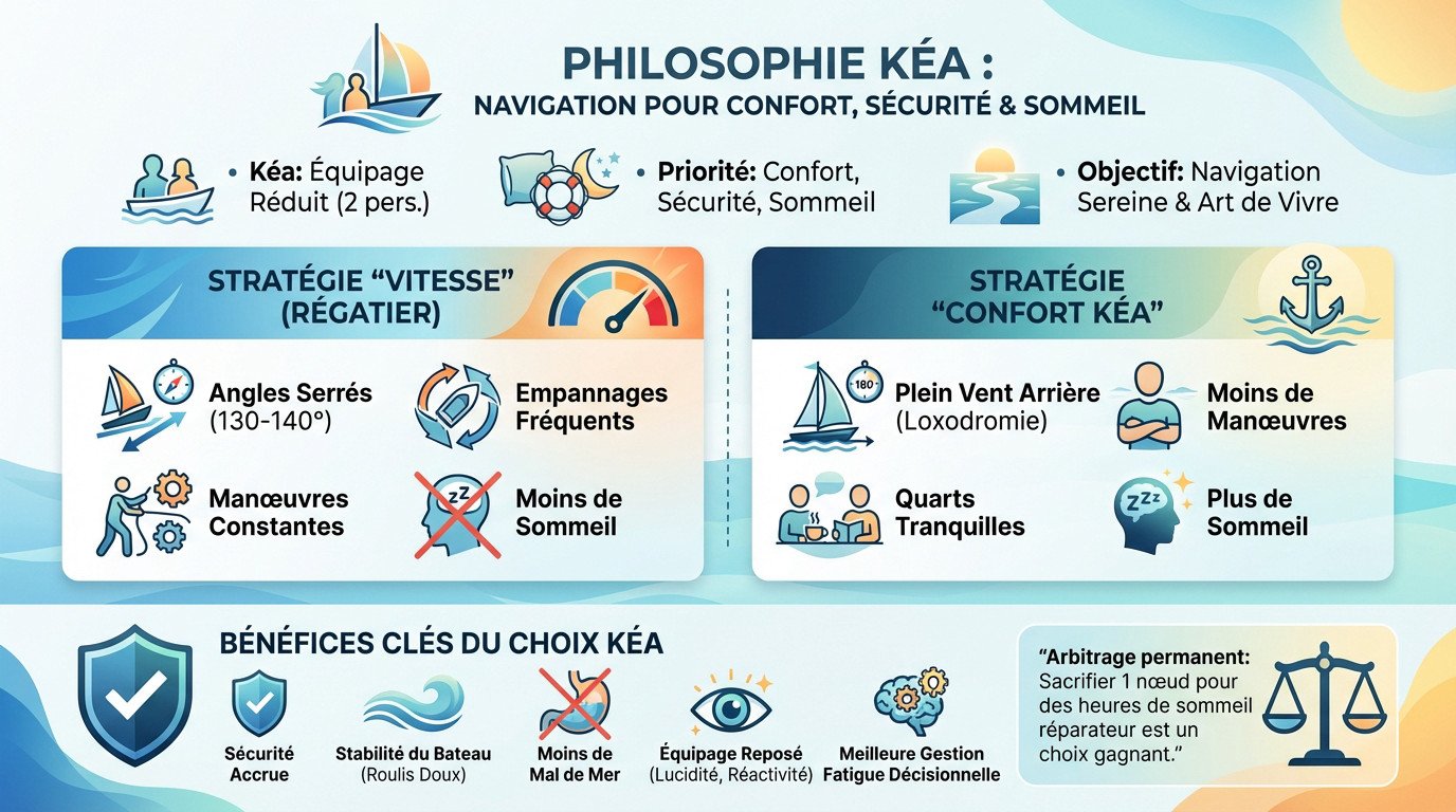 Philosophie de navigation sur le voilier Kéa privilégiant le confort et la sécurité