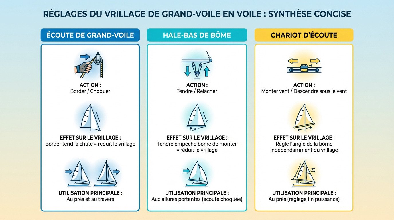 Schéma synthétique des réglages du vrillage de la grand-voile : hale-bas, écoute et chariot