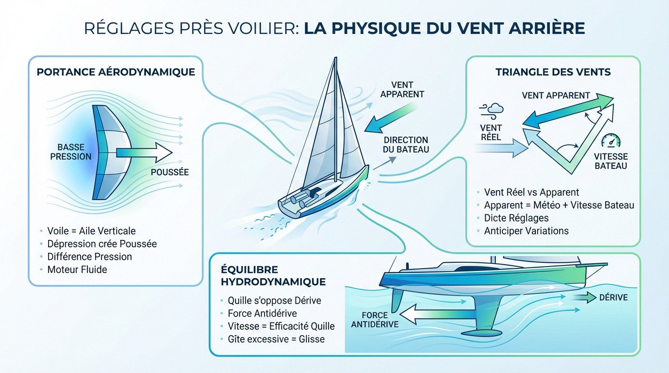 Schéma technique illustrant les forces aérodynamiques et la portance sur une voile au près