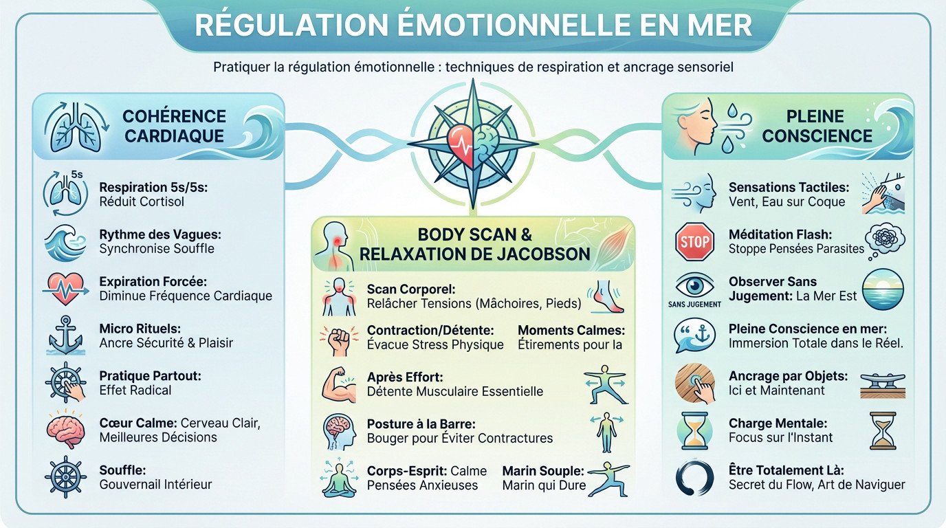 Skipper pratiquant la régulation émotionnelle à la barre d'un voilier
