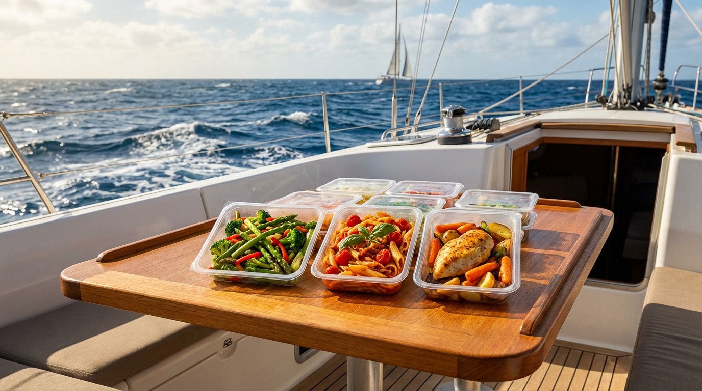 Plusieurs barquettes de repas sous vide colorés et gourmands sur une table en bois sur un yacht en mer agitée.
