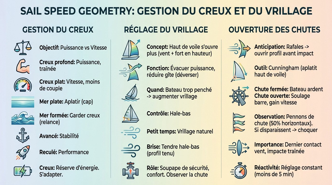 Schéma technique montrant l'impact du vrillage et du creux sur l'écoulement du vent dans les voiles d'un voilier au près