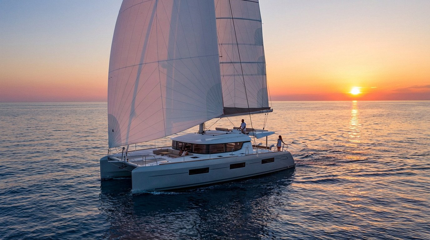 Modern catamaran sailing smoothly on a calm deep blue ocean at sunset. White sails glow, two people relax on deck.