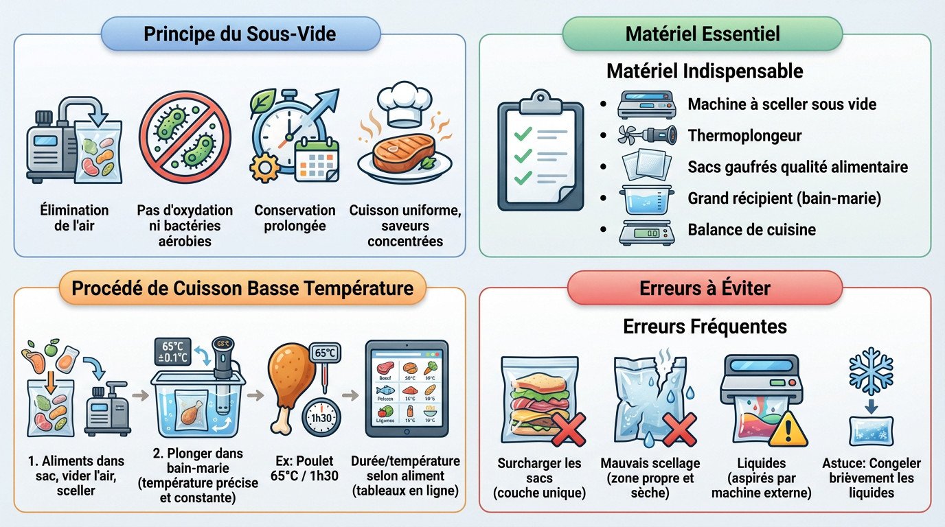 Sch&eacute;ma explicatif du mat&eacute;riel et du processus de cuisson sous vide et basse temp&eacute;rature pour la cuisine offshore