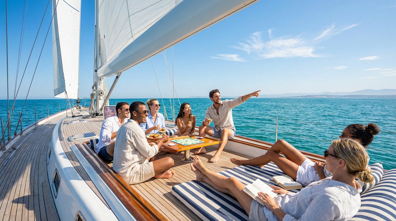 Diverse group of friends on a sailboat deck, laughing, playing a board game, and relaxing under a bright blue sky on turquoise waters.