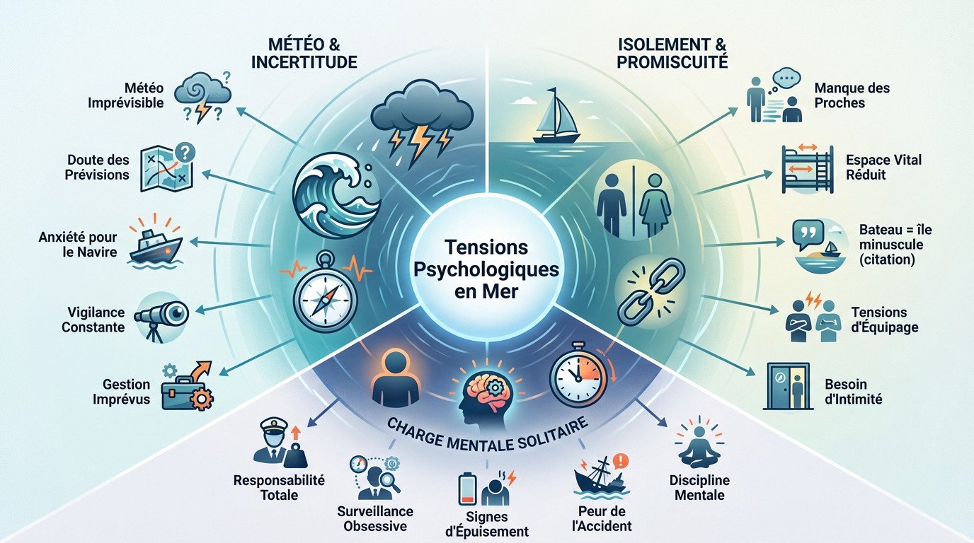 Schéma illustrant les facteurs de tensions psychologiques en mer : météo, isolement et fatigue