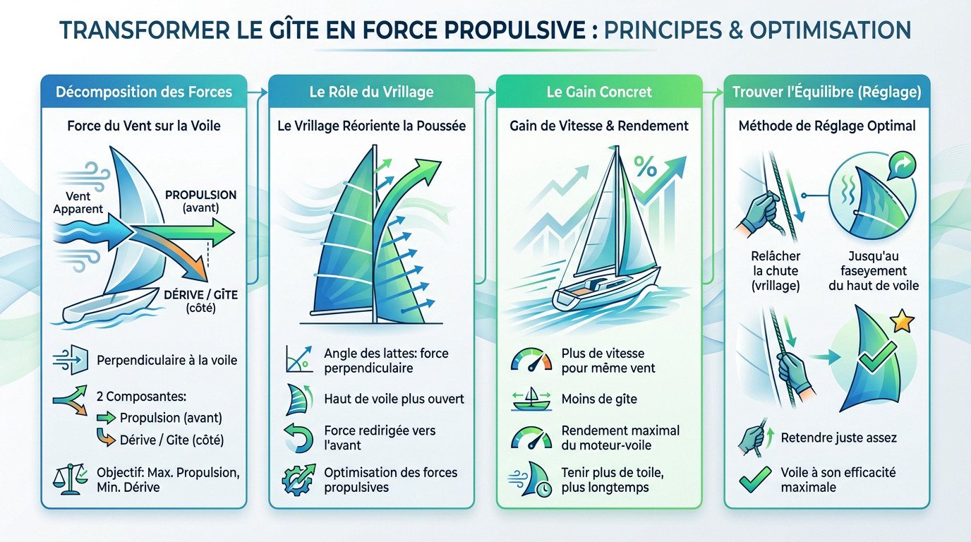 Schéma illustrant comment le vrillage de la voile transforme la force de gîte en propulsion