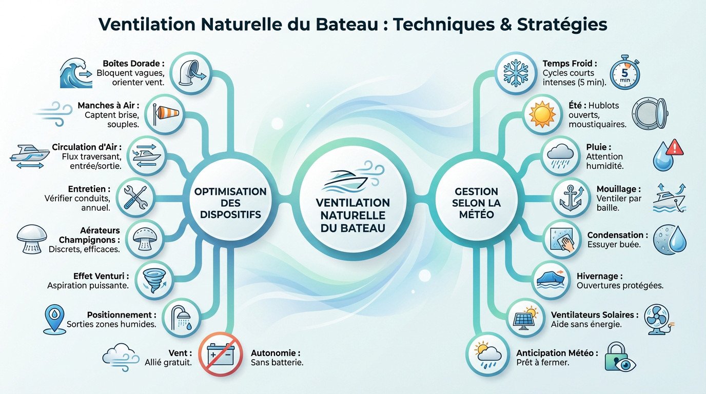 Schéma illustrant les techniques de ventilation naturelle sur un voilier : effet venturi et circulation d'air