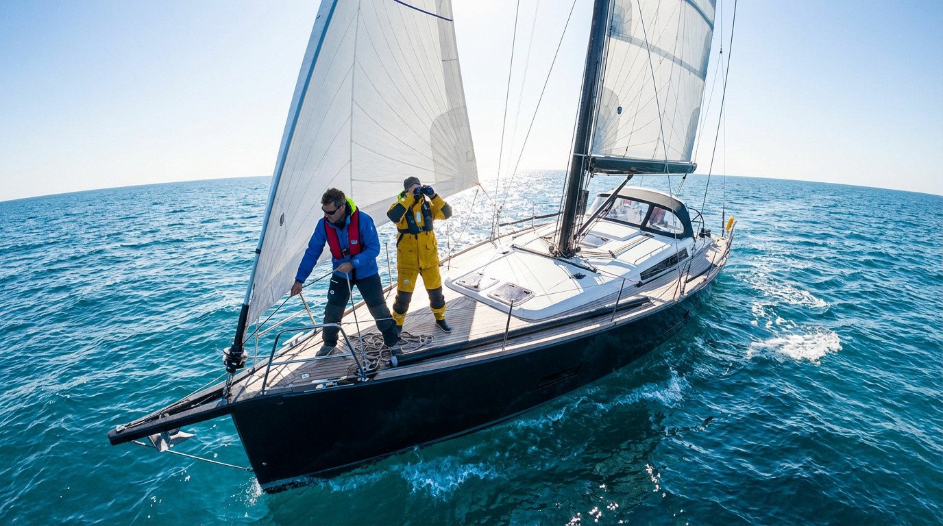 Two sailors in colorful gear on a modern sailboat, one securing a line, the other scanning the horizon on a vibrant blue, choppy sea under a clear sky.