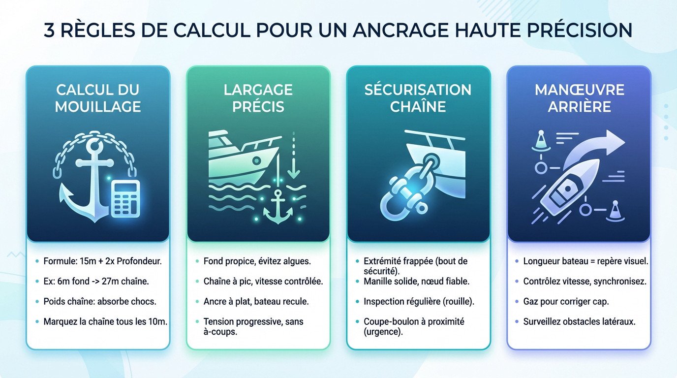 Schéma illustrant le calcul de la longueur de chaîne pour un amarrage sécurisé
