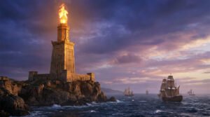 Majestic ancient lighthouse with a blazing fire atop a rocky promontory, guiding sailing ships at a vibrant dusk.