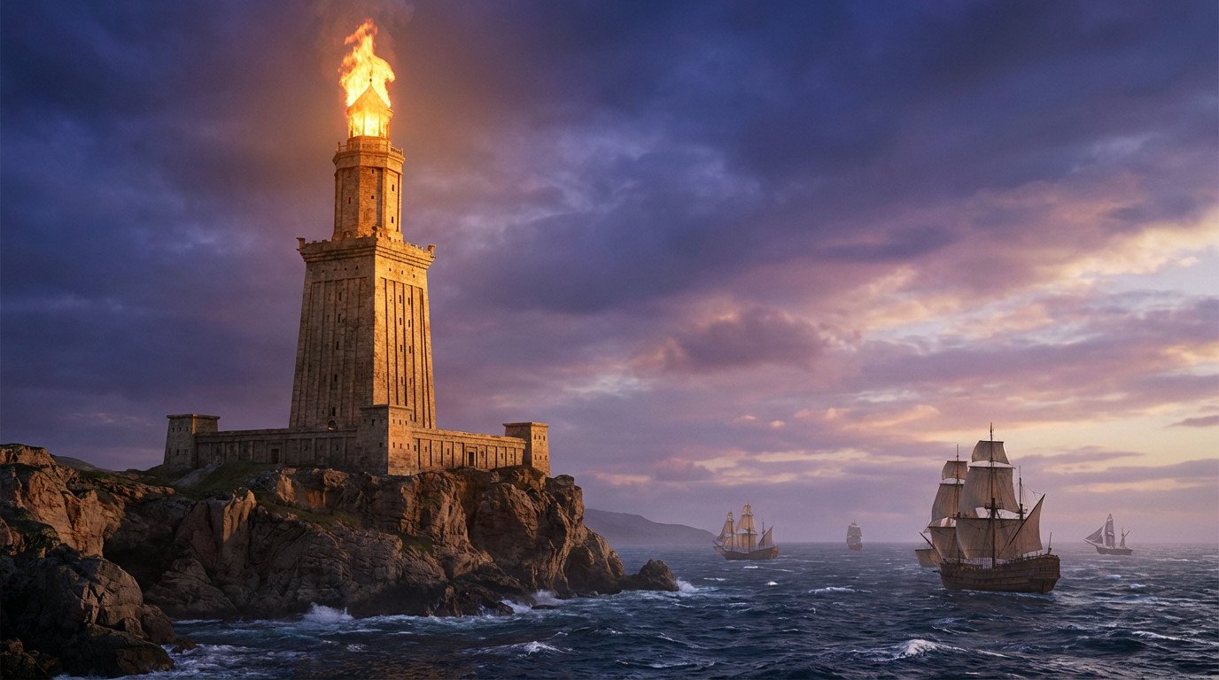 Majestic ancient lighthouse with a blazing fire atop a rocky promontory, guiding sailing ships at a vibrant dusk.