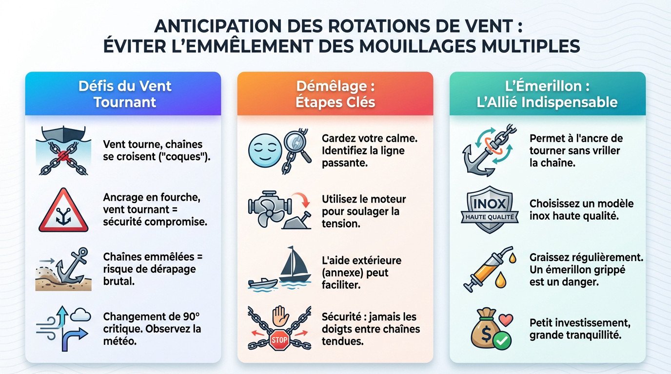 Schéma illustrant les risques d'emmêlement des chaînes lors d'une rotation de vent au mouillage