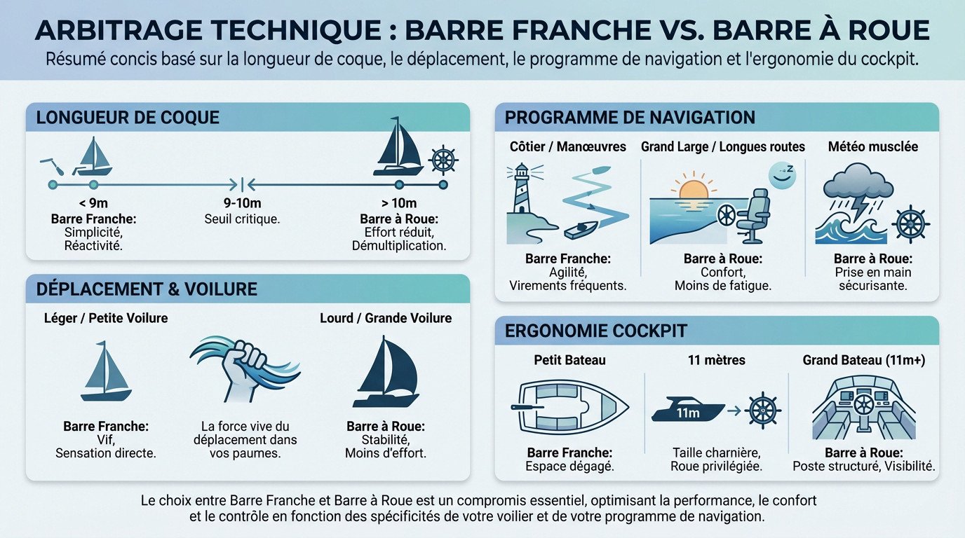 Comparaison technique entre barre franche et barre à roue sur un voilier de croisière