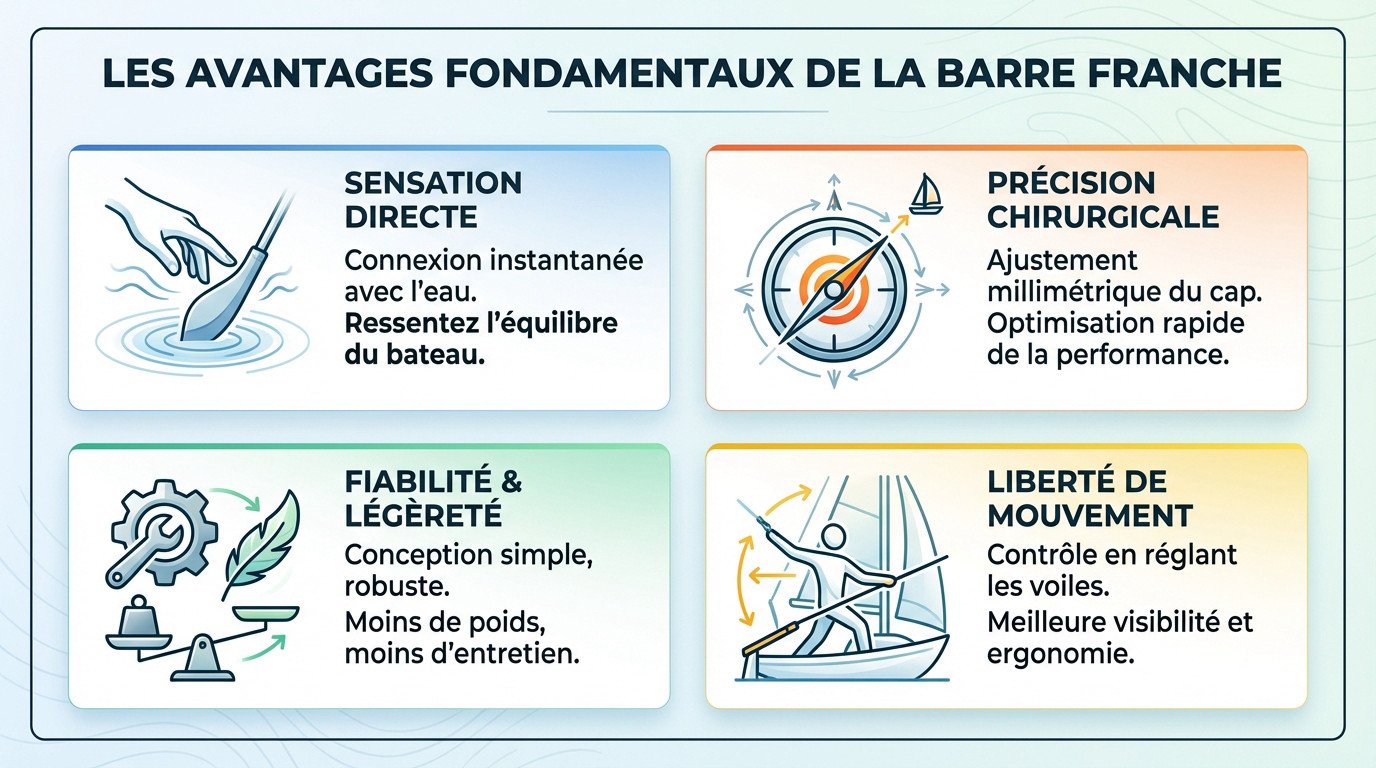 Navigateur utilisant une barre franche avec stick pour une meilleure visibilité et contrôle des voiles