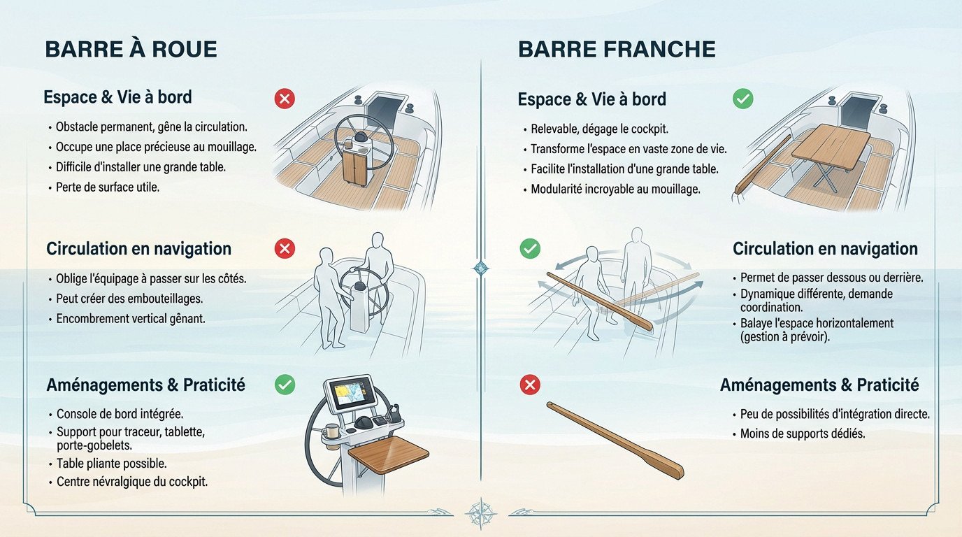 Comparaison ergonomie barre franche et barre à roue dans le cockpit d'un voilier