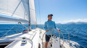 Une femme souriante et joyeuse pilote un voilier en pleine mer. Les voiles sont hissées, le ciel est bleu et des îles se profilent à l'horizon.