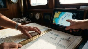 Hands navigate marine charts: one uses a brass ruler on a paper map, another points to a digital plotter screen in a boat.