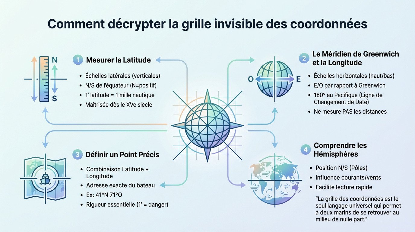 Lecture précise des coordonnées de latitude et longitude sur une carte marine