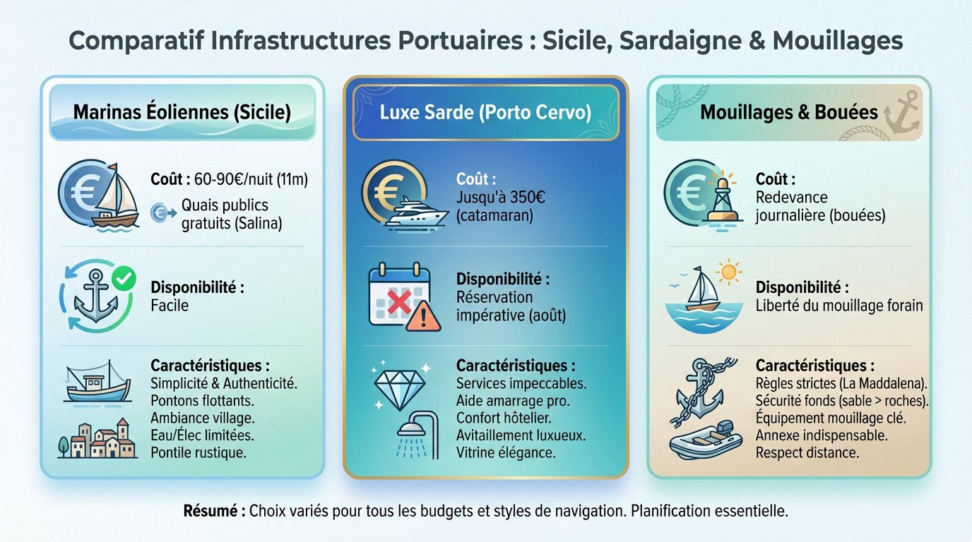 Comparatif visuel des infrastructures portuaires : marinas de luxe en Sardaigne contre mouillages naturels en Sicile