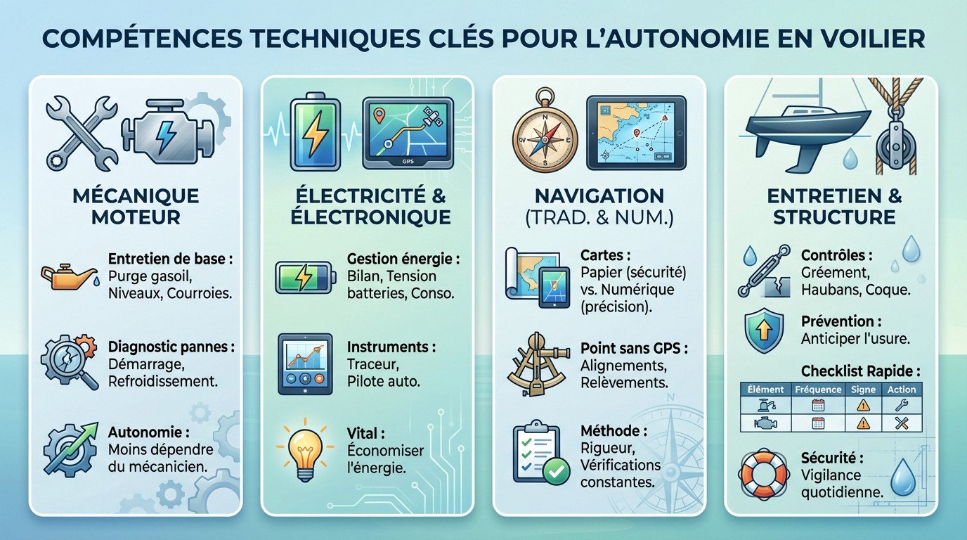 Schéma illustrant les compétences techniques clés pour l'autonomie en voilier : mécanique, électricité et entretien courant.