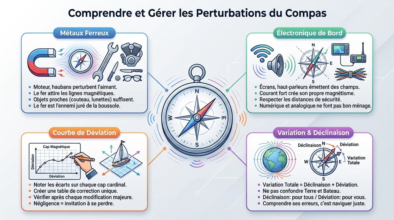 Schéma explicatif des perturbations magnétiques sur un compas de voilier avec zones d'interférences