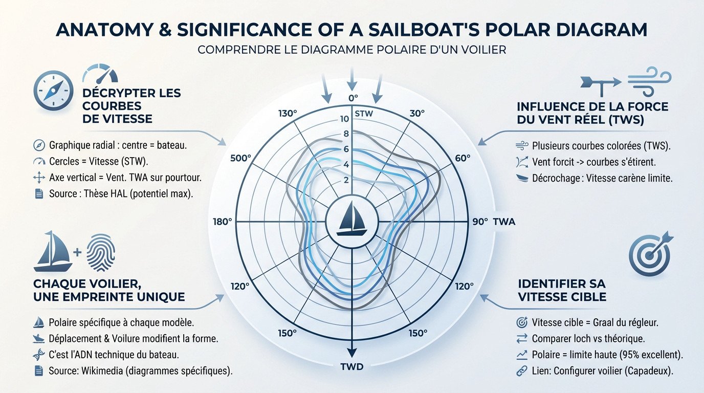 Exemple de diagramme polaire montrant les courbes de vitesse d'un voilier selon l'angle du vent