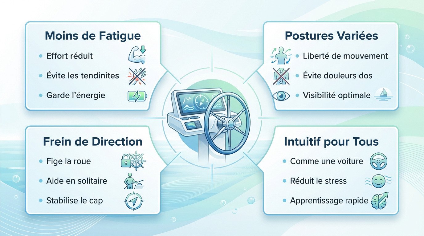 Barreur utilisant une barre à roue sur un voilier en mer