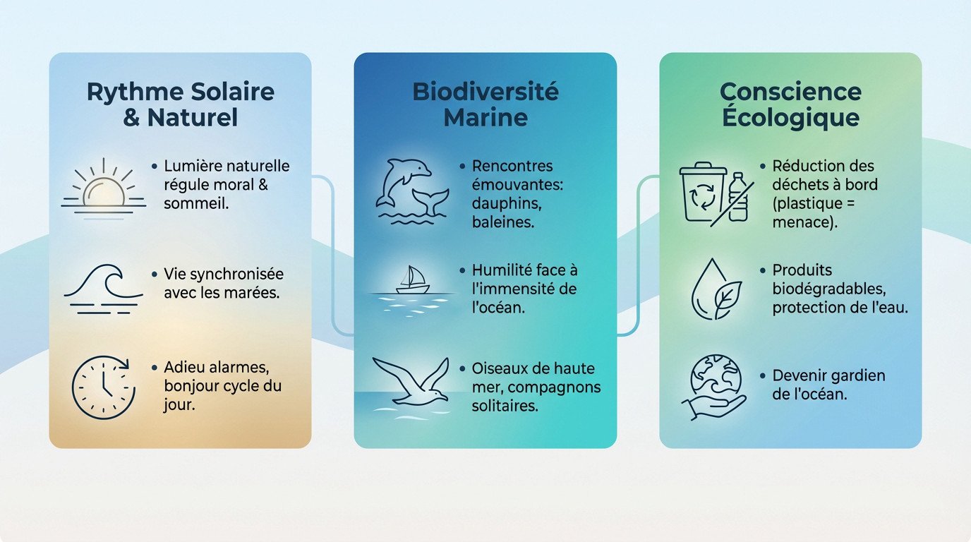 Navigation en voilier au coucher du soleil favorisant la connexion avec la nature
