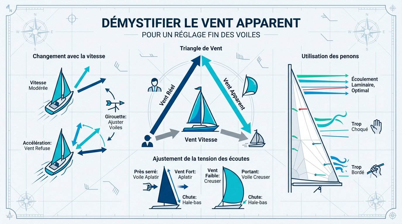 Schéma explicatif du triangle de vent apparent pour voilier de onze mètres