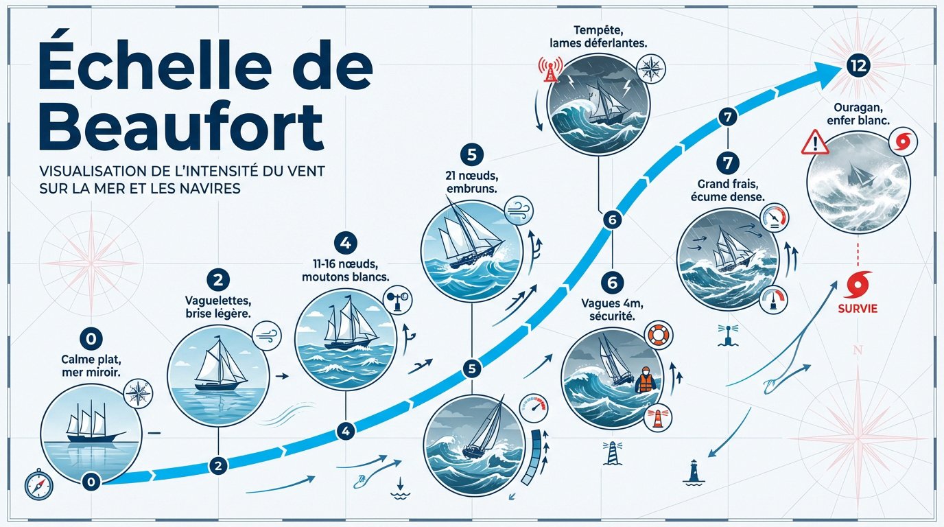 Tableau illustrant l'échelle de Beaufort et l'état de la mer pour la navigation