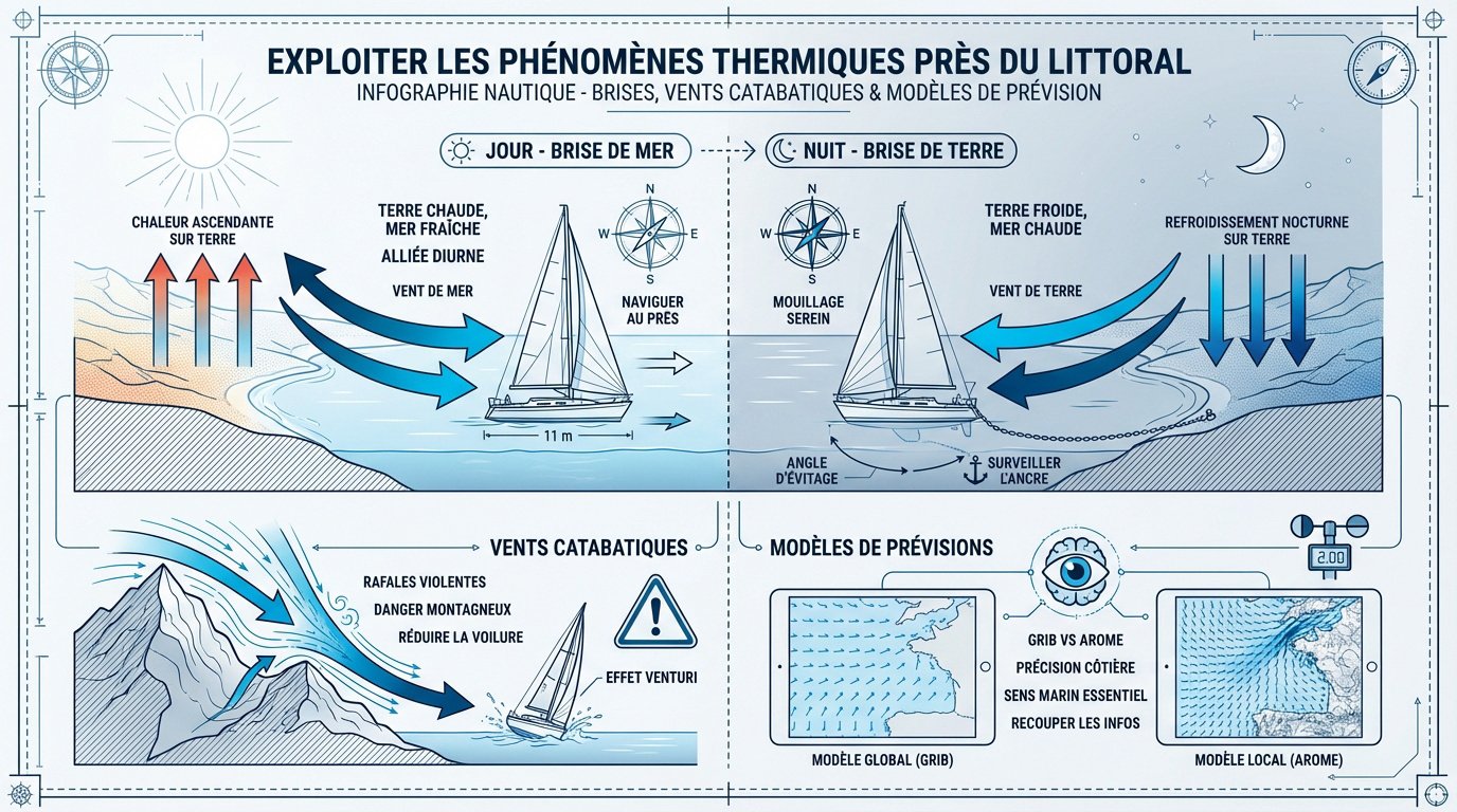Voilier naviguant près des côtes profitant des brises thermiques