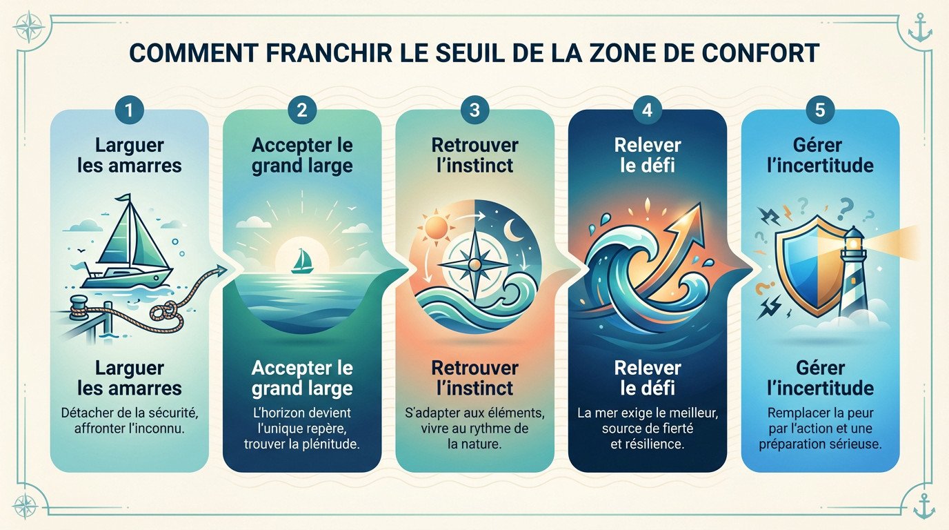 Un voilier naviguant vers l'horizon pour illustrer la sortie de la zone de confort
