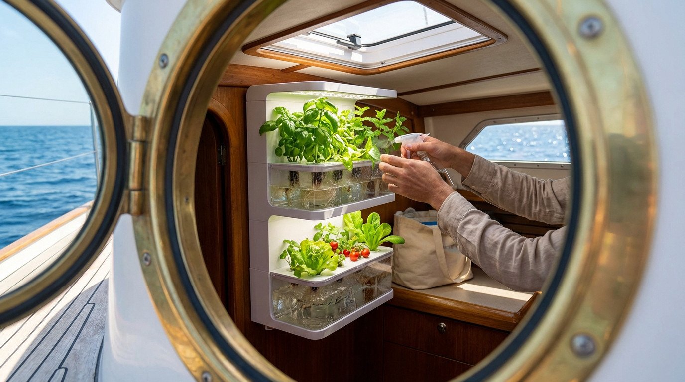 View through a porthole of a person tending a compact hydroponic garden with herbs, lettuce, and tomatoes inside a sailboat cabin, with the ocean visible outside.