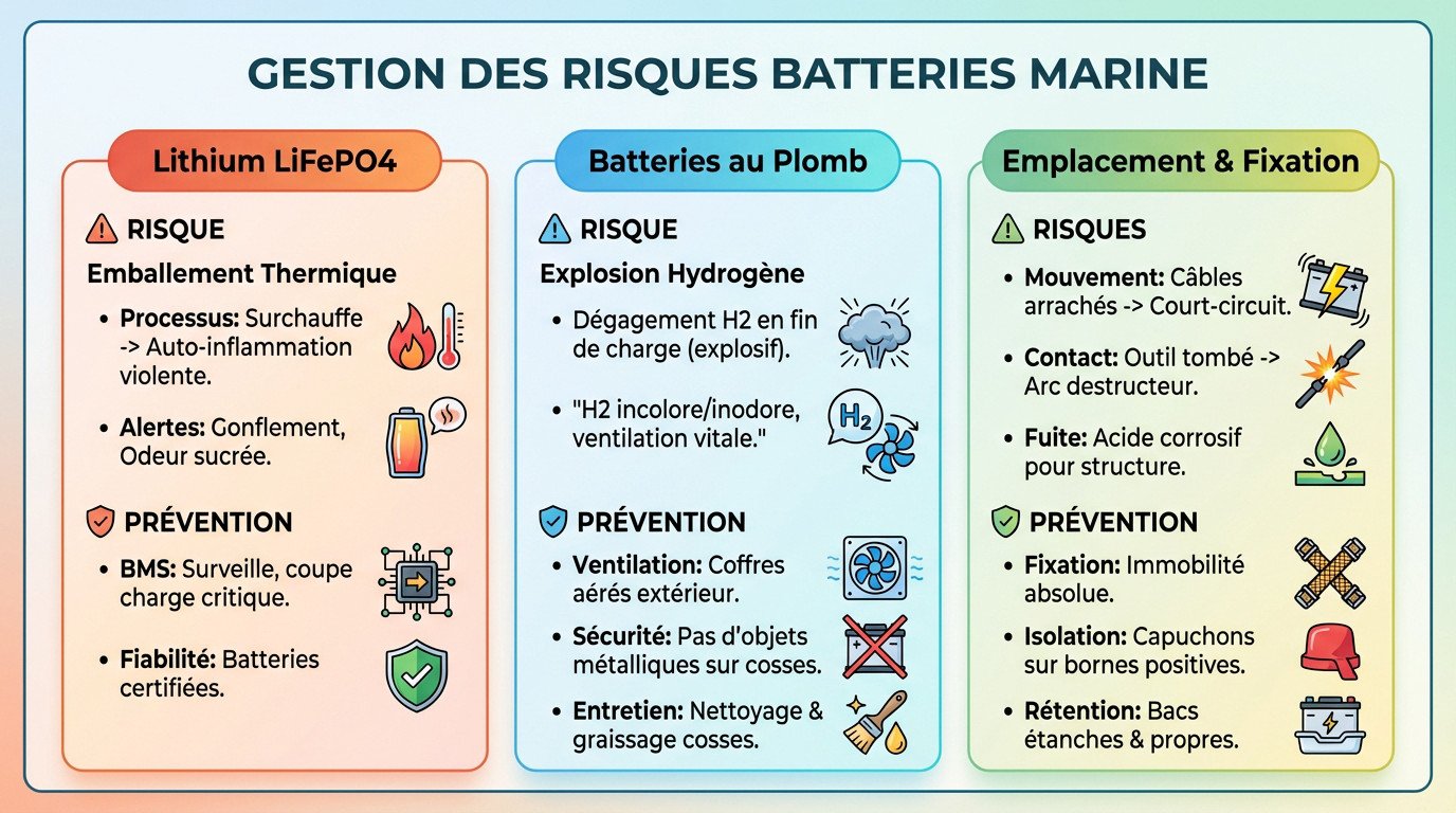 Schéma de gestion des risques incendie pour batteries lithium et plomb sur un voilier