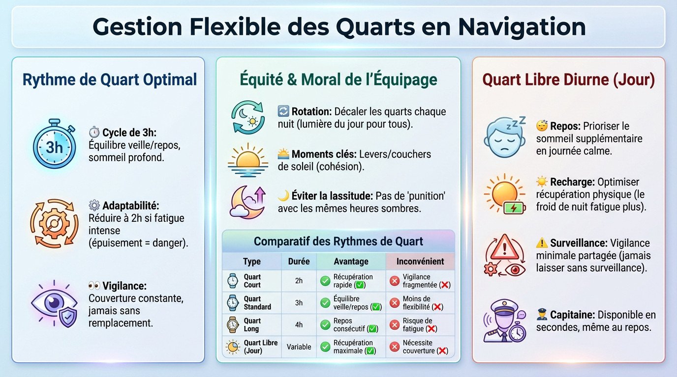 Schéma d'organisation des quarts de nuit sur un voilier