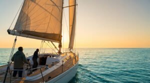 Sleek sailboat with two figures on calm turquoise sea at golden sunset. Sails glow, vast clear sky, serene atmosphere.