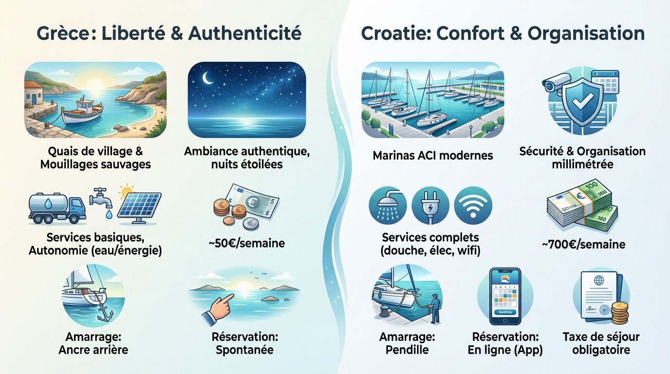 Comparaison amarrage voilier Grèce Croatie : mouillage sauvage contre marina moderne