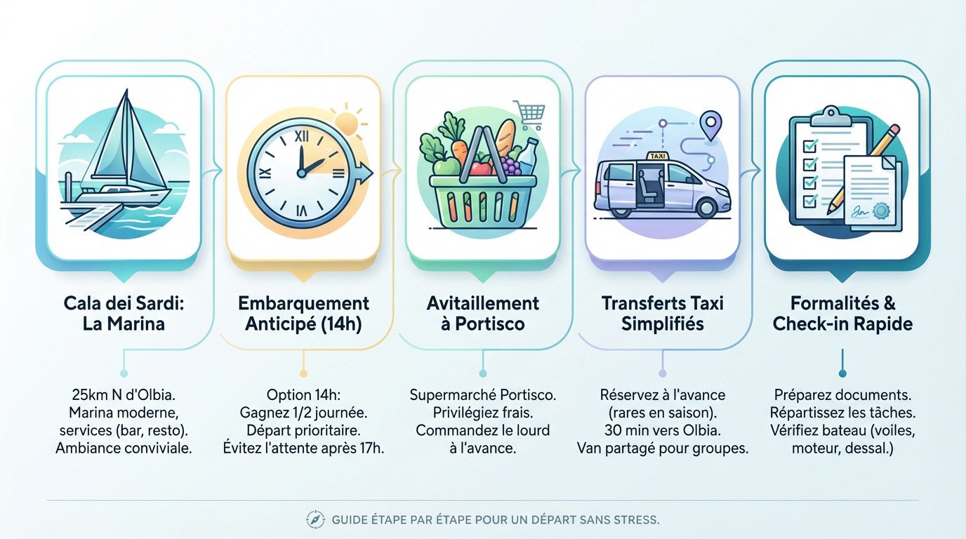 Vue aérienne des pontons de la marina Cala dei Sardi en Sardaigne avec des catamarans prêts au départ