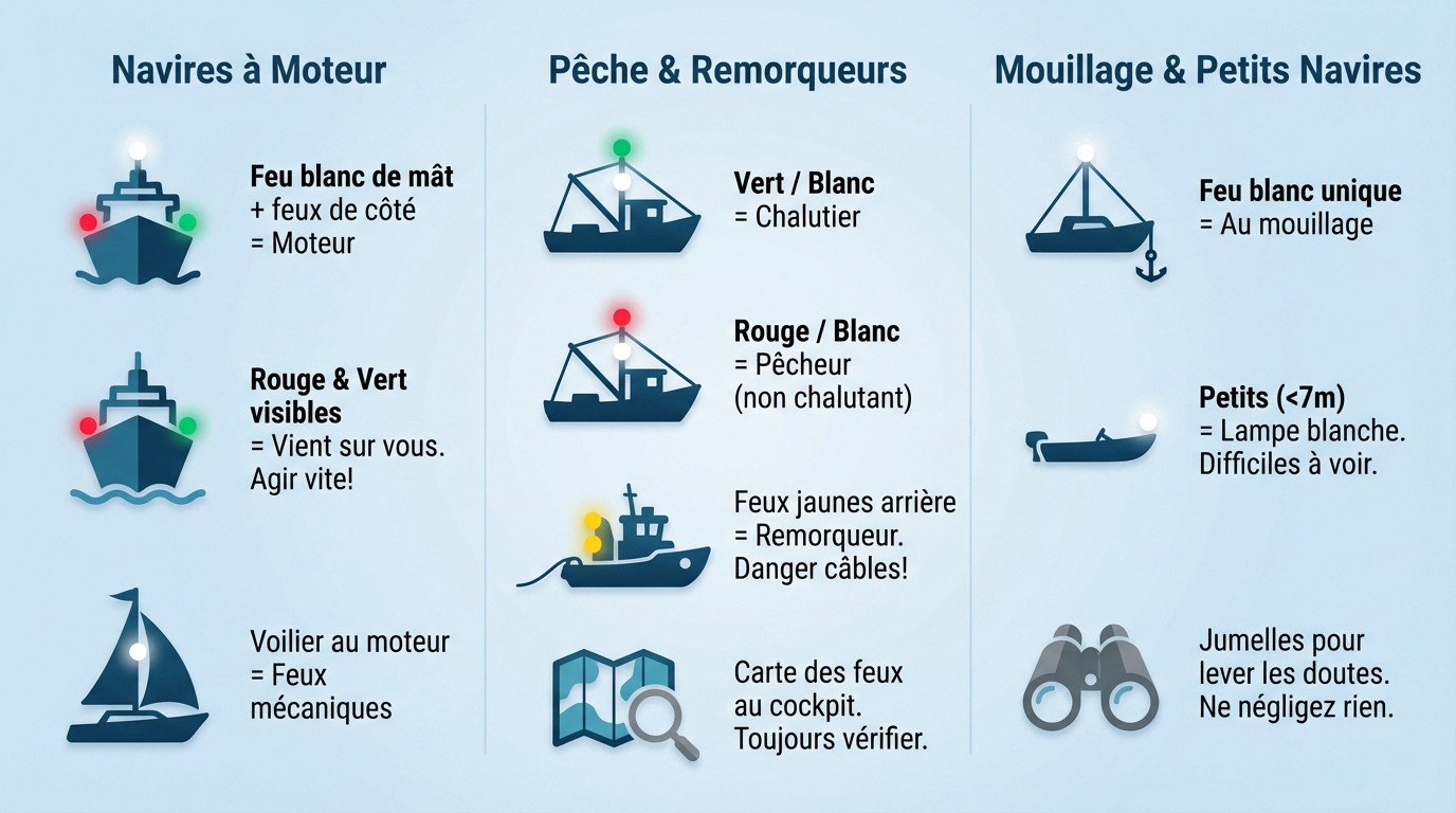 Schéma explicatif des feux de navigation pour identifier les navires de nuit : voiliers, bateaux à moteur et navires de pêche