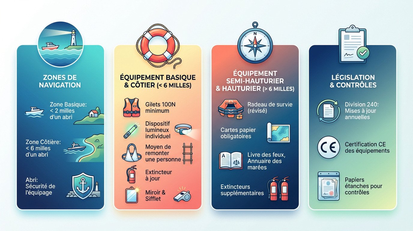 Guide visuel des zones de navigation et équipements de sécurité obligatoires selon la Division 240