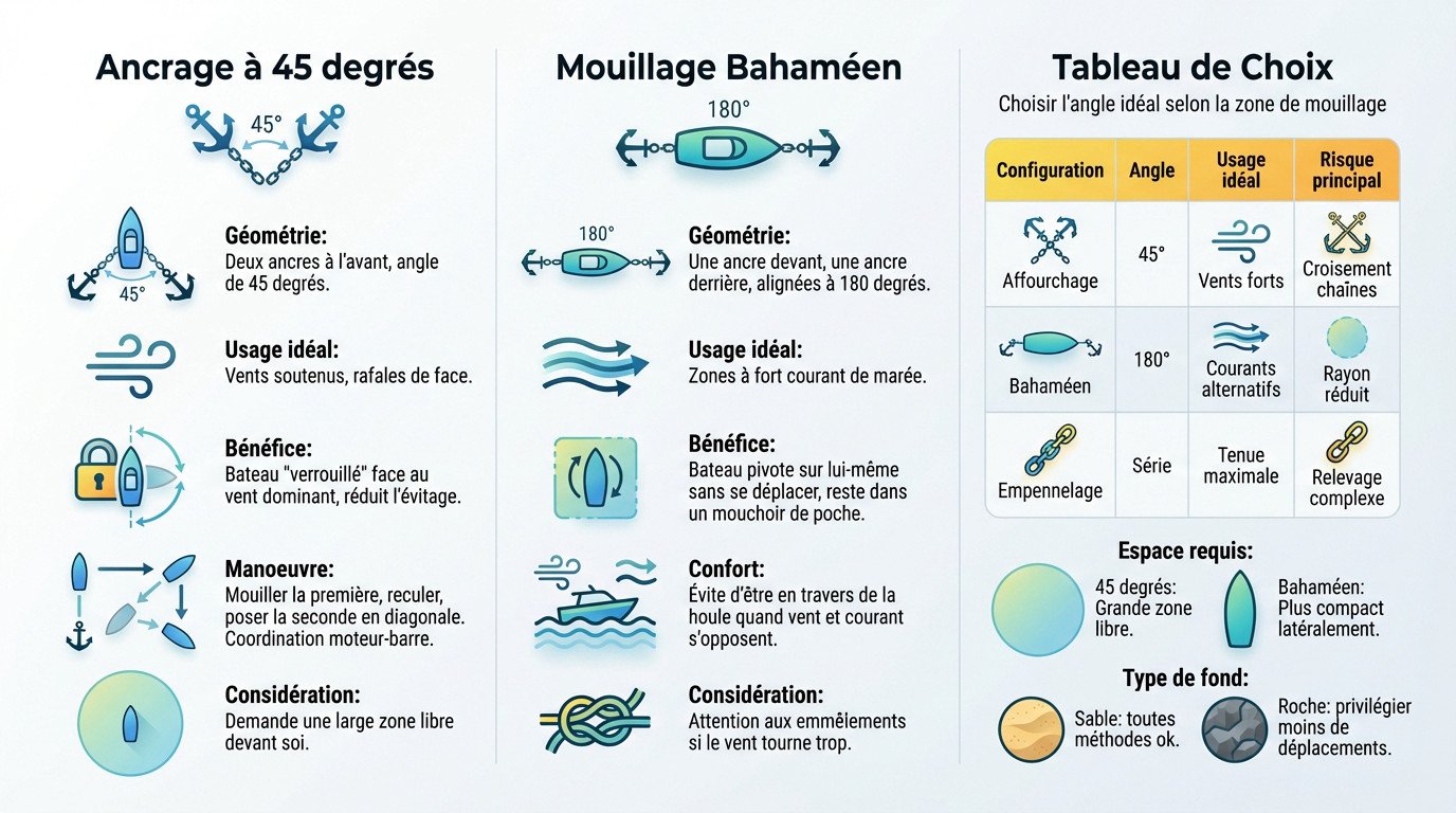 Schéma illustrant les techniques d'ancrage à 45 degrés et bahaméenne pour voilier