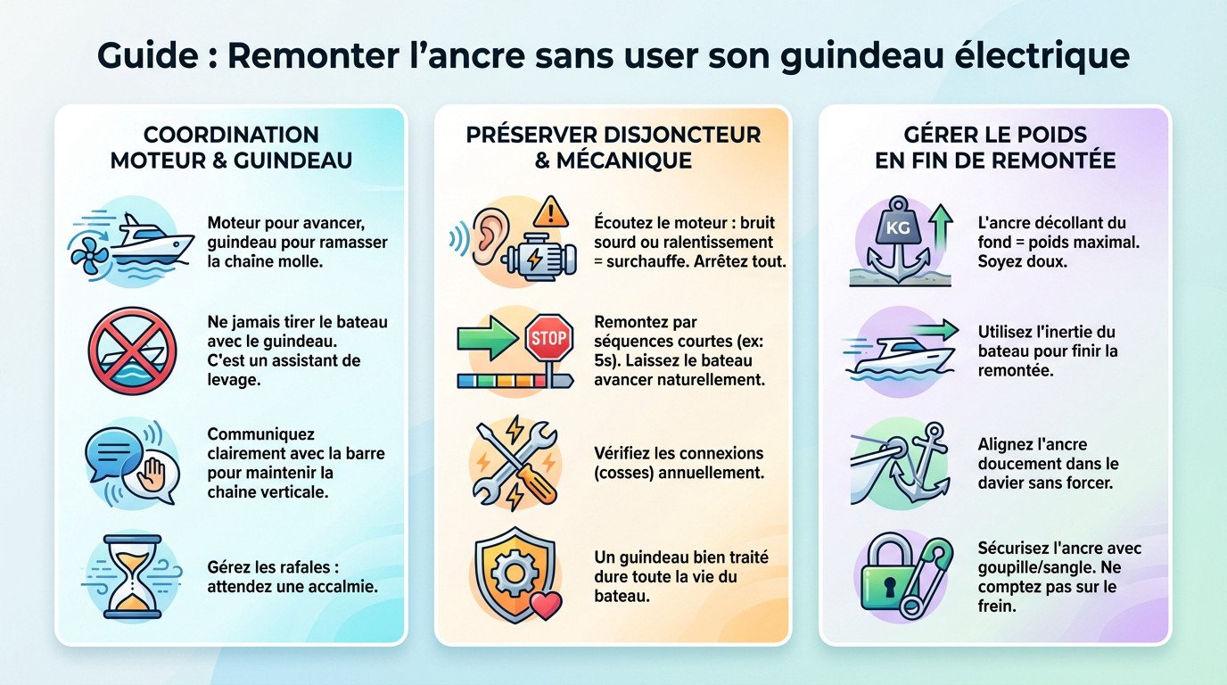 Technique de remontée de l'ancre au guindeau électrique sur un voilier