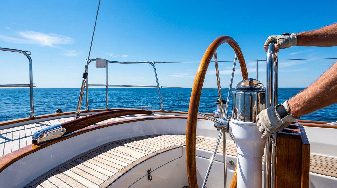 Gloved hands on a sailboat's chrome steering bar, with a wooden wheel and stowed tiller, overlooking a calm blue ocean under a clear sky.