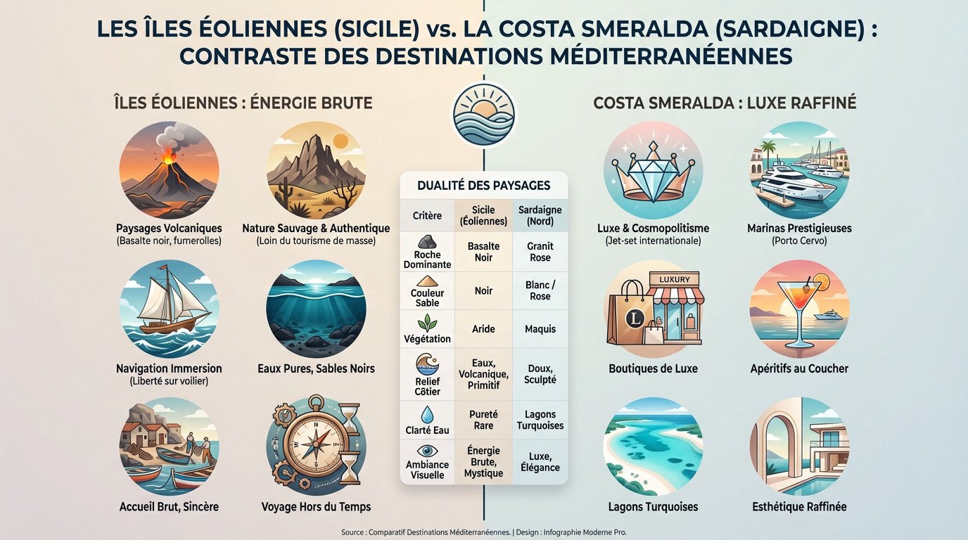 Comparaison navigation voilier entre les îles Éoliennes volcaniques et la Costa Smeralda en Sardaigne