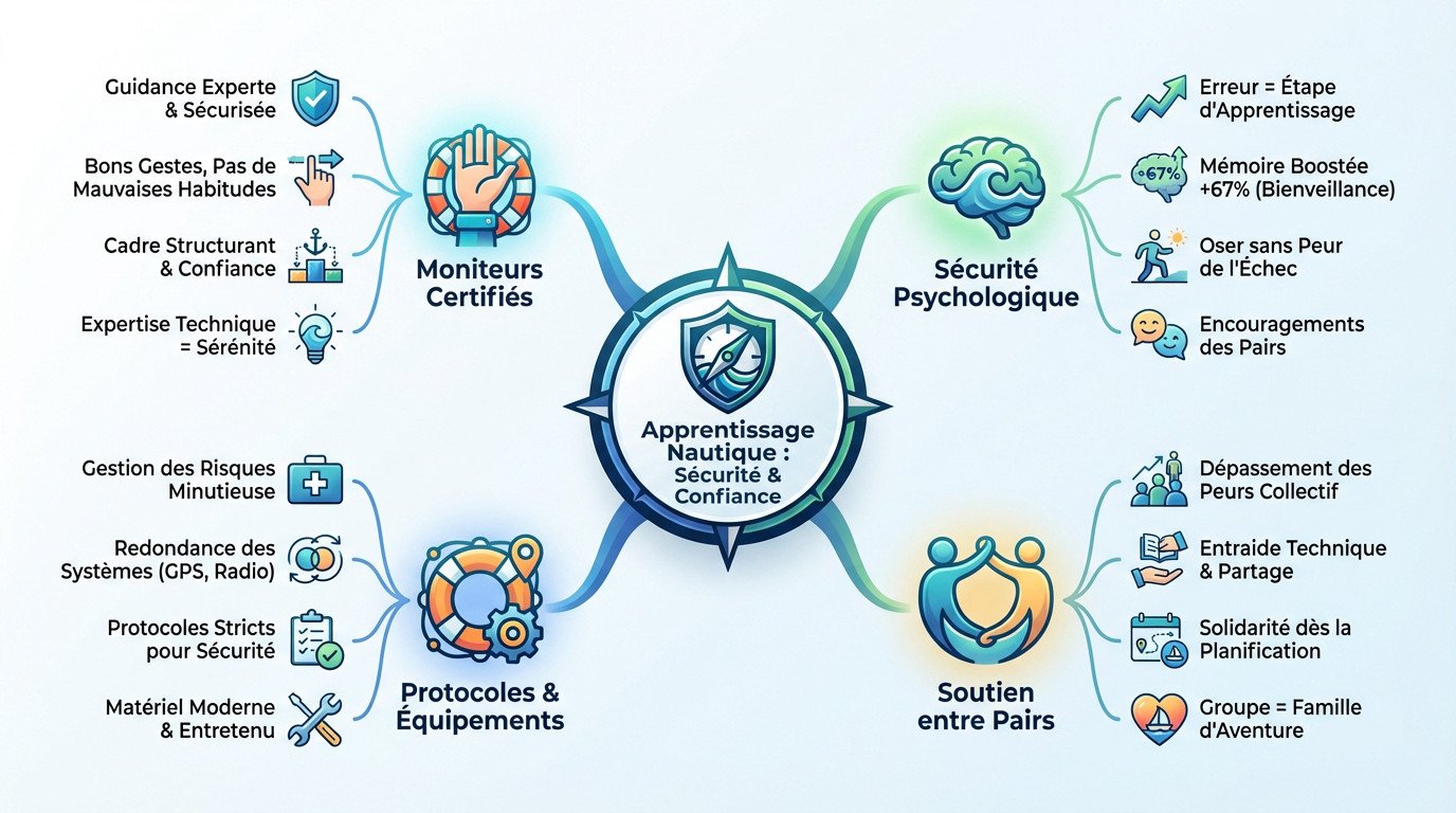 Infographie illustrant le lien entre sécurité psychologique et apprentissage nautique